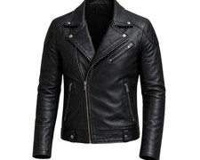 Men's Black Leather Biker Jacket Slim Fit Motorcycle Zip Up Style