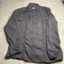 ROAR Shirt Mens Large Mider Black Button Up Rhinestones Graphics Y2K *STAIN