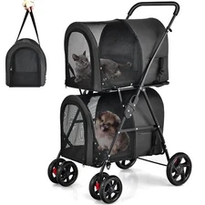  Double Pet Stroller, Safety Belt, Folding Dog Stroller (Black)