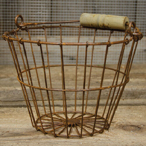 New Country Primitive Farmhouse RUSTY WIRE EGG BASKET With Wood Handle 8"