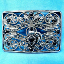 Floral Scroll Belt Buckle Ornate Open Work Flowers Vines Rhinestones Vtg .MMR261