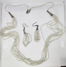 Native American Seed Bead Multi Strand Handcrafted Necklace Earrings Set White
