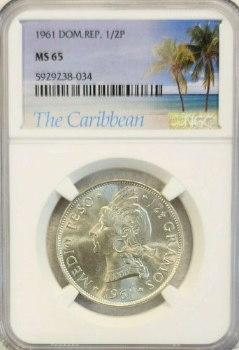 1961 DOMINICAN REPUBLIC SILVER 1/2 PESO NATIVE PRINCESS NGC MS 65 PQ GEM BU