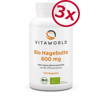 3er Pack Vita World Hagebutte 600mg Bio 3x120 Kap Veg 100%Rein Made in Germany