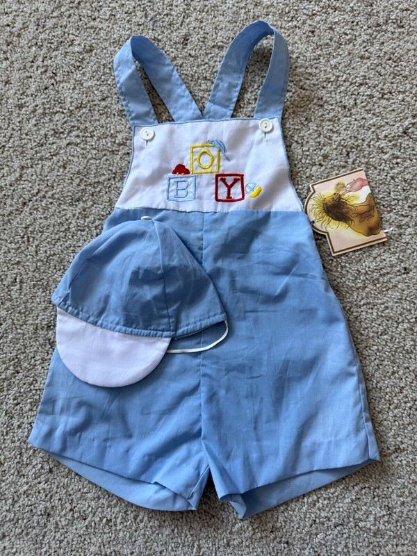 NWT Vintage Baby Boy Romper Sunsuit Romper Overalls & HAT Cap Sears 24M Blocks