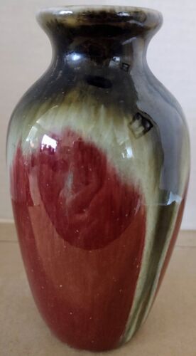 VTG Ceramic Red Black Beige Bud Vase MCM Contemporary Crazing Crackle Glaze 6" - Picture 1 of 5