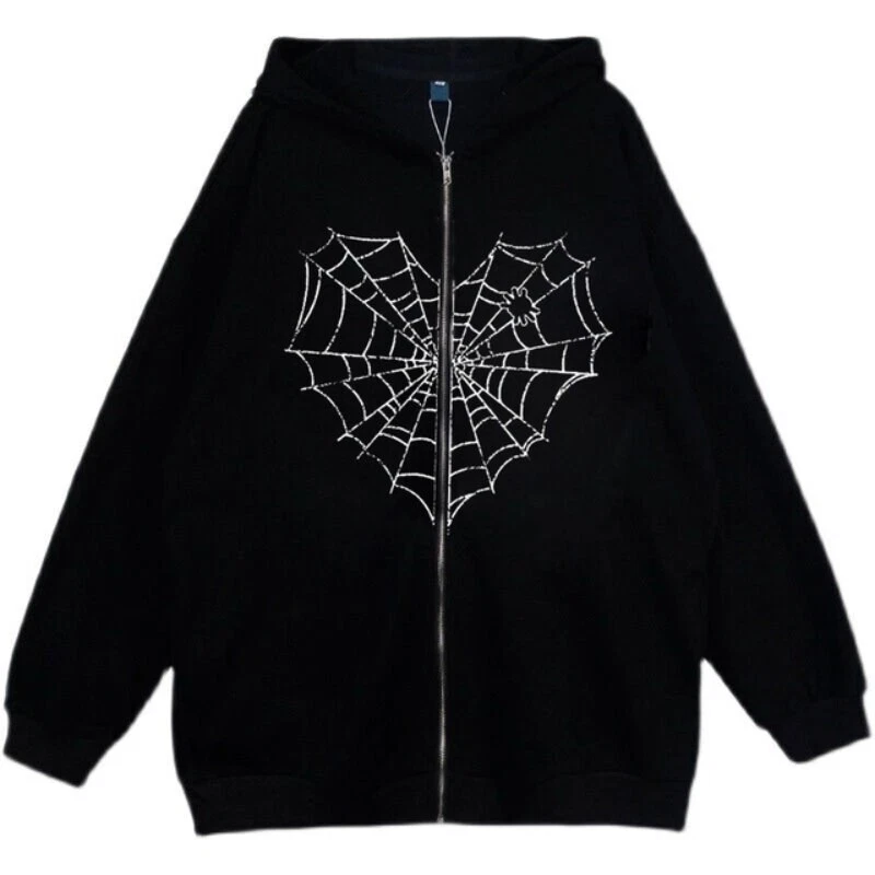 Spider Web Heart Zip Up Hoodie Goth Punk Y2K Sweatshirt Oversized Jacket  size XL | eBay
