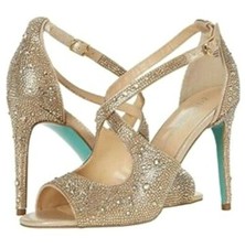 WOMEN'S BETSEY JOHNSON SB-SAGE HEELS, RHINESTONES, LT. GOLD SIZE 8.5 NIB