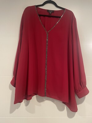 KAREN KANE RED EMBELLISHED LONG SLEEVE TOP PLUS SIZE 3X