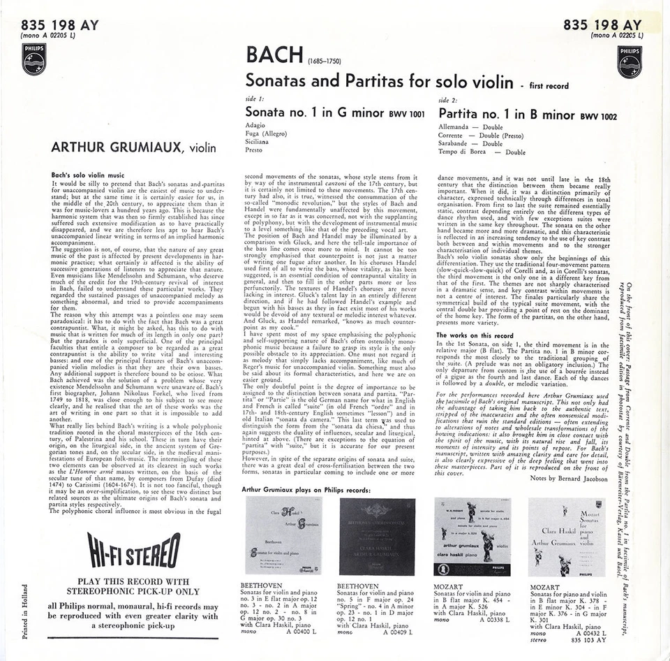 Philips SAL-3472 UK Press BACH Violin Solo Sonata 1 & Partita 1 GRUMIAUX LP NM - Image 2 of 3