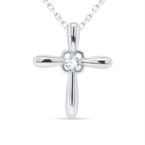 0.04Ct Certified Natural Diamond Solitaire Cross Pendant 10K White Gold 18"Chain - Bild 1 von 7