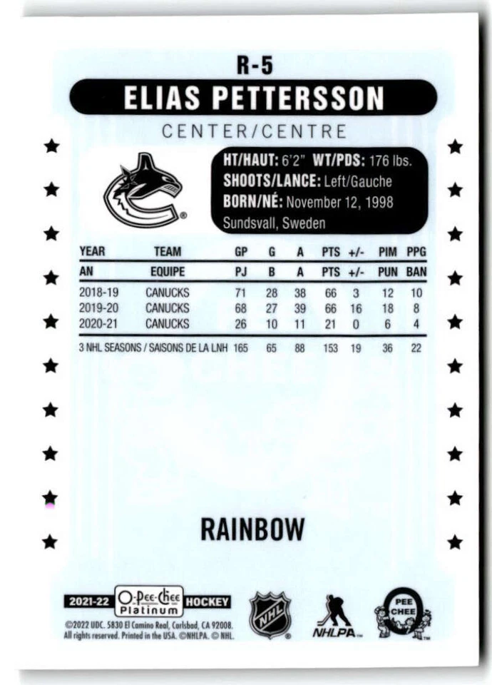 2021-22 O-Pee-Chee Platinum Retro Rainbow #R-5 Elias Pettersson  Canucks  - Image 2 of 2