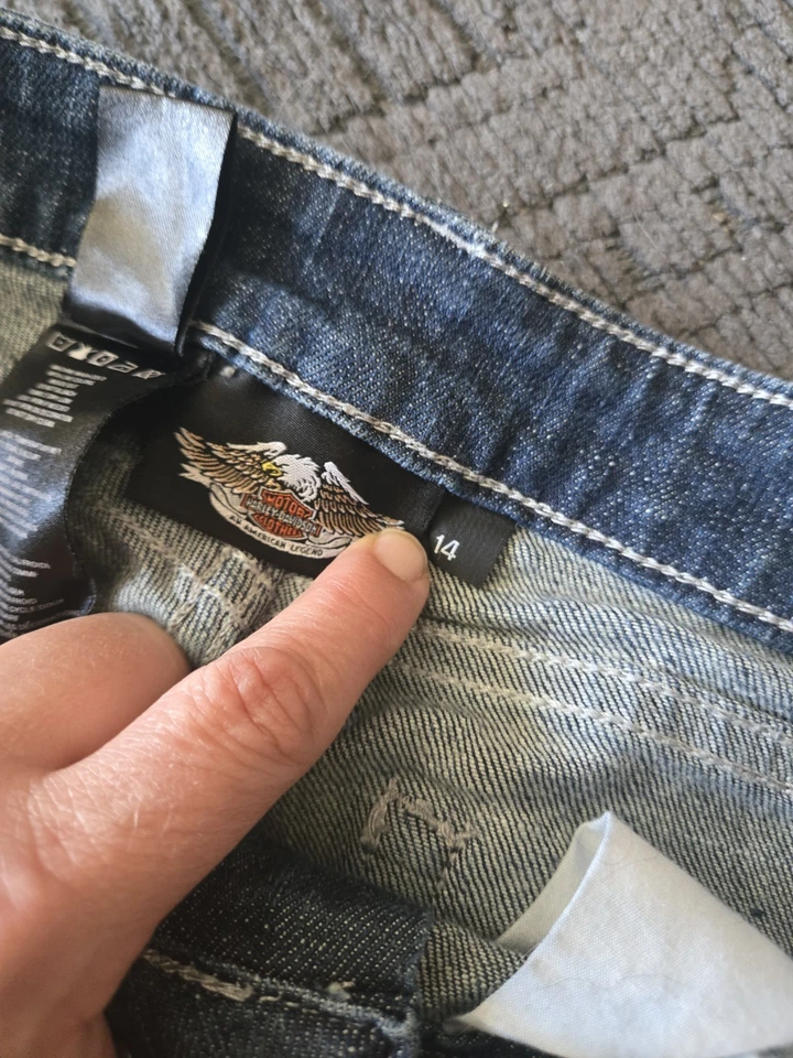 Falda vaquera para mujer Boho Grunge Harley Davidson motocicleta talla 14 Foto 3 de 4