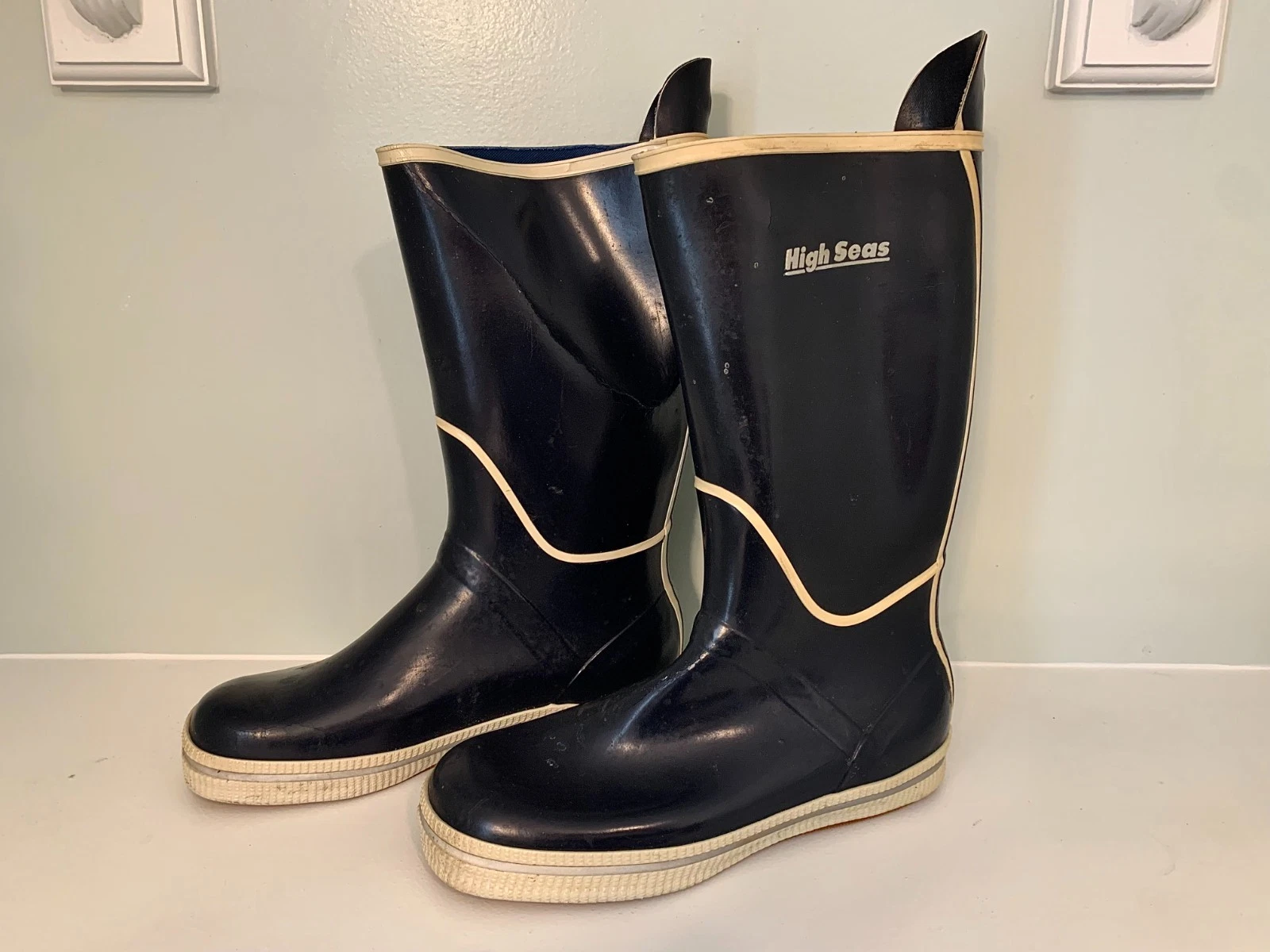 High Seas Tall Rubber Fishing Boots Navy Blue Deck Boot Deep Sea Size 7