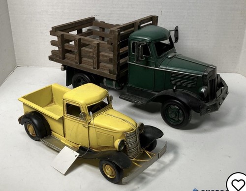 Set Of 2 Vintage Style Yellow Green Trucks Farmhouse Rustic Country Home Decor