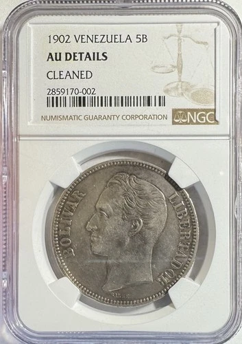 1902 VENEZUELA 5B NGC AU DETAILS CLEANED