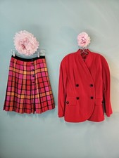 Vintage Escada Set Plaid Tartan Red Hot Pink Skirt Wool Cashmere Jacket Size 38