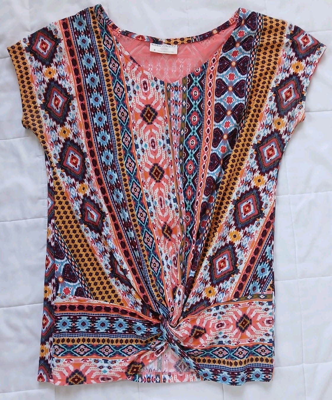 Bobbie & Brooks Short Sleeve Womens Top Size Small Boho Multicolor Knotted Front
