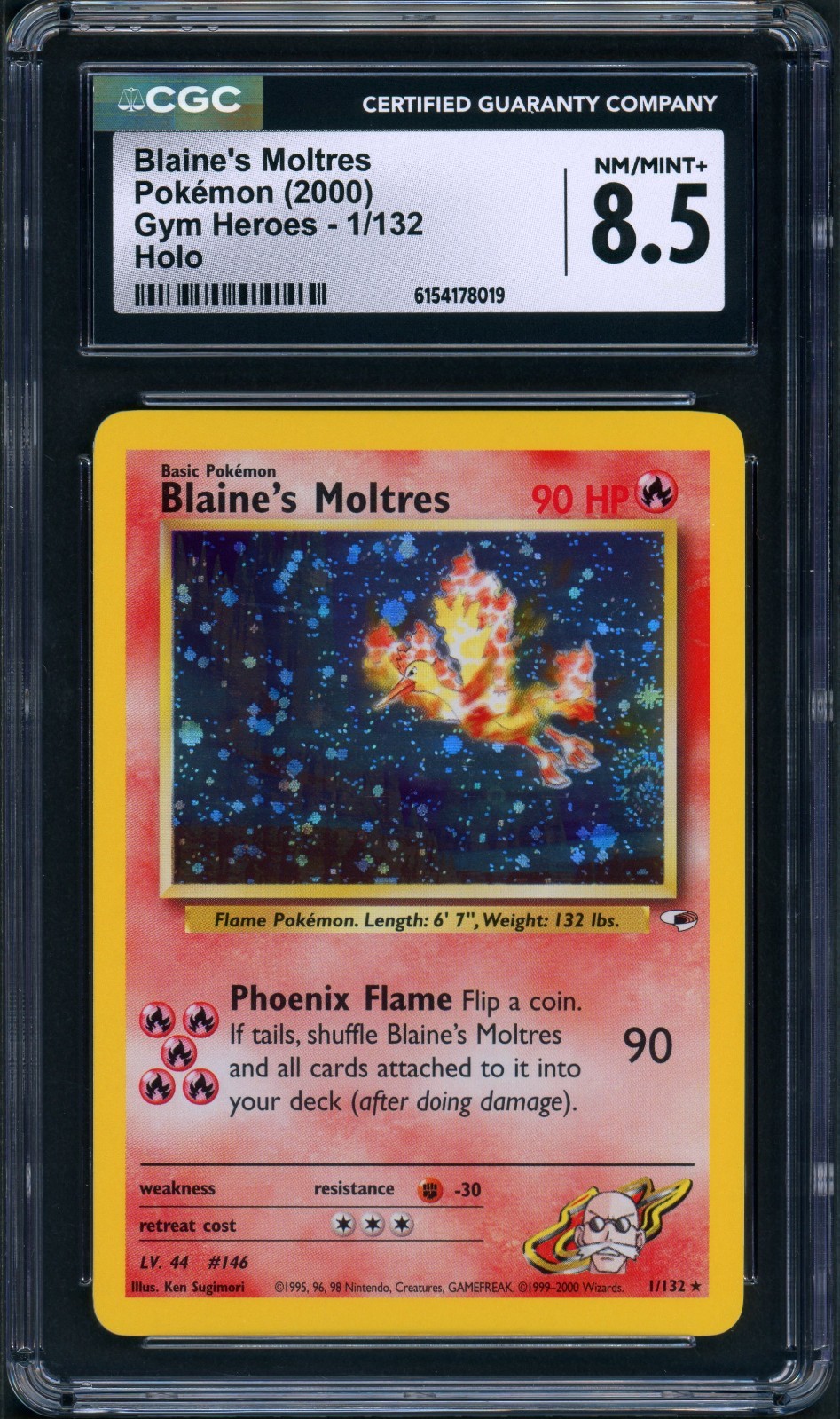 CGC 8.5 NM/MINT+ Blaine's Moltres Gym Heroes 1/132 Holo SWIRL Pokemon Card