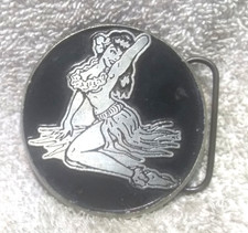 Hawaiian Dancing Girl In Bikini Buckle Round Shape Silver Black Great Vintage