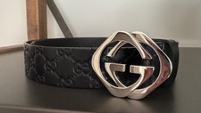 Mens Gucci Black Monogram Leather Silver Interlocking Square G Belt Size 46