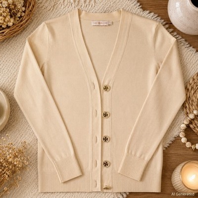 Tory Burch Simone Cardigan Cream Cotton Logo Button V-Neck Sweater XS