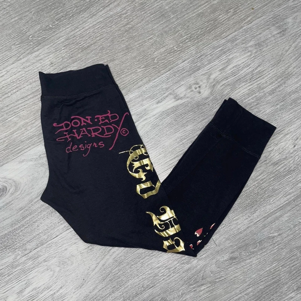 Leggings florales calavera algodón elástico negro talla pequeña Ed Hardy Y2K para mujer Foto 3 de 4