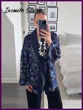 Chic Printed Tassel Patchwork Knitted Cardigans Women Loose V-neck Long