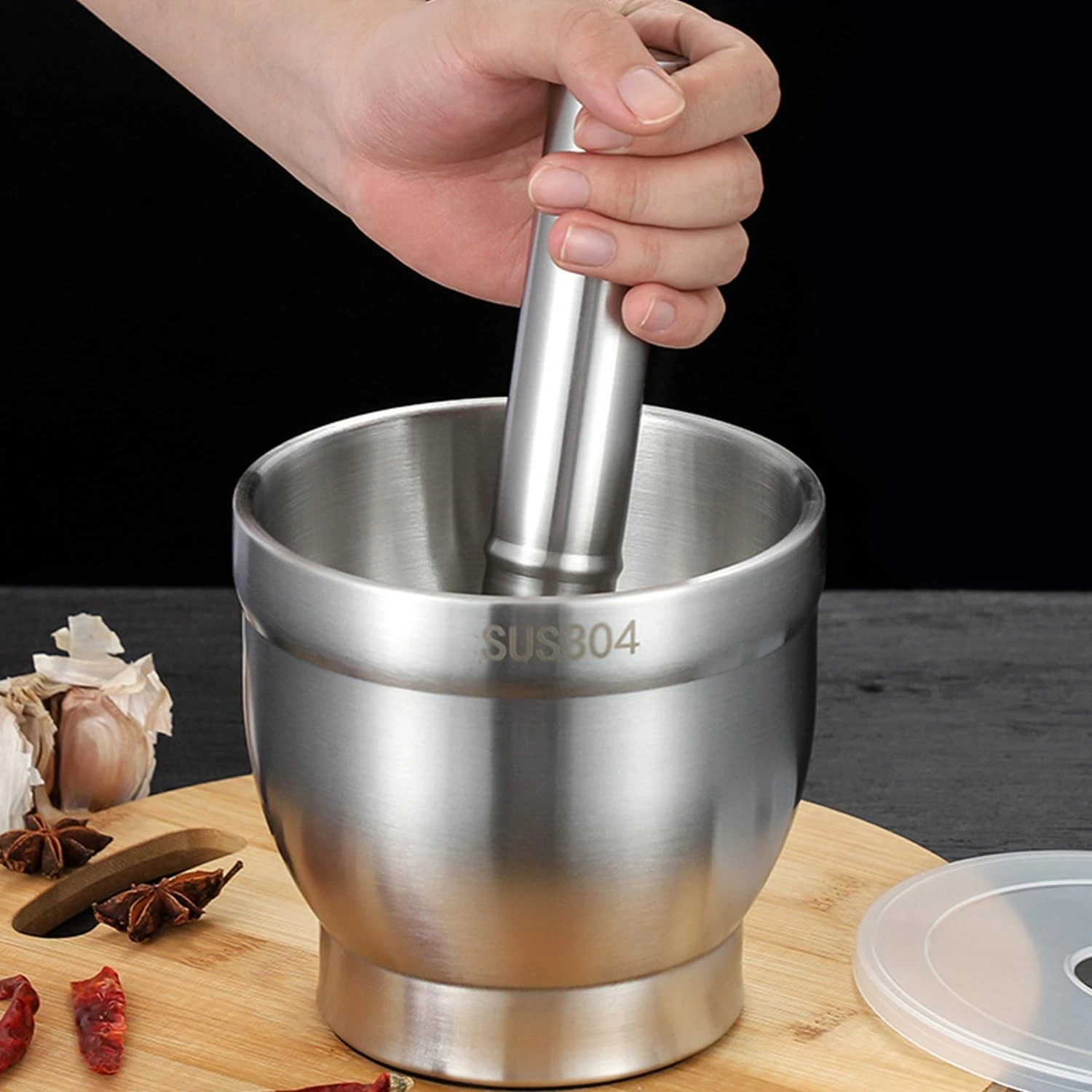 Stainless Steel Mortar and Pestle, 5 Inch Polished Food Crusher with Lid, Hea...