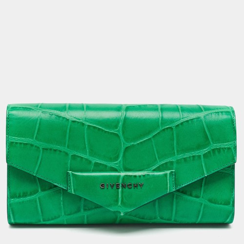 Givenchy Antigona Green Croc Embossed Leather Flap Clutch