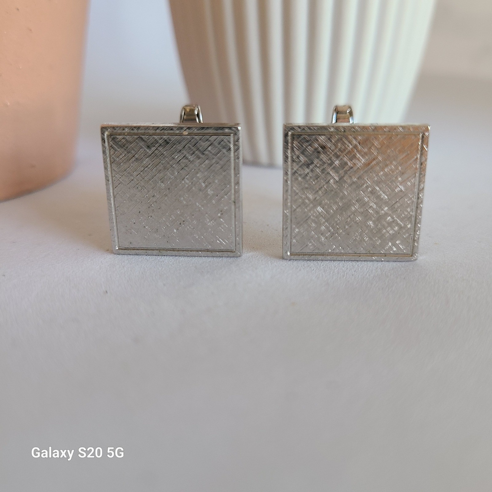 Men's Silver Tone Square Cufflinks Patterned Text… - image 4