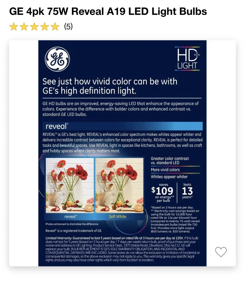 GE Reveal A19 LED Light Bulbs 4PK 75W, Dimmable, 850 Lumens, 2850K, E26 Base - Image 3 of 4