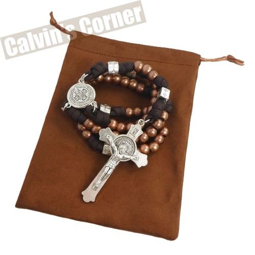 St Benedict Paracord Rosary Necklace Brown Metal Bead Five Decade Crucifix Cross - Picture 3 of 8