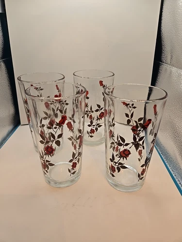 1970s Anchor Hocking  CLIMBING ROSES Pattern-  (4) 6” glass tumblers Vintage