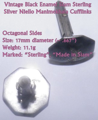 Boutons De Manchette En Argent 925 Et émail Noir - Motif Octogone Et Déesse De La Mer, Vintage, Thaïlande