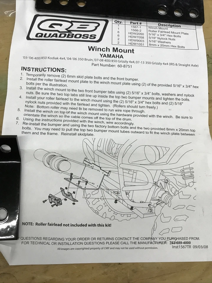 03-14 Yamaha 350 400 450 Kodiak Bruin Grizzly cabrestante placa de montaje quadboss advertencia Foto 4 de 4