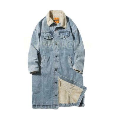 Men's Long Denim Jean Jacket Fleece Lined Button Winter Warm