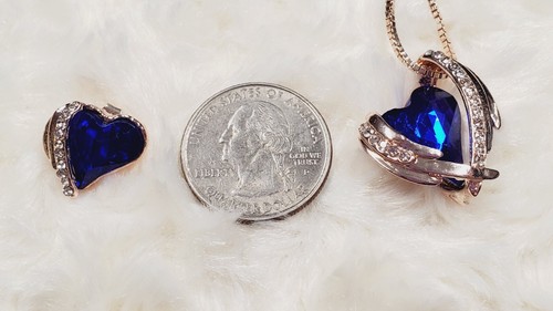 3 Pc. Necklace Earring Set ROSE GOLD BLUE Heart September Sapphire Valentine's - Picture 6 of 11
