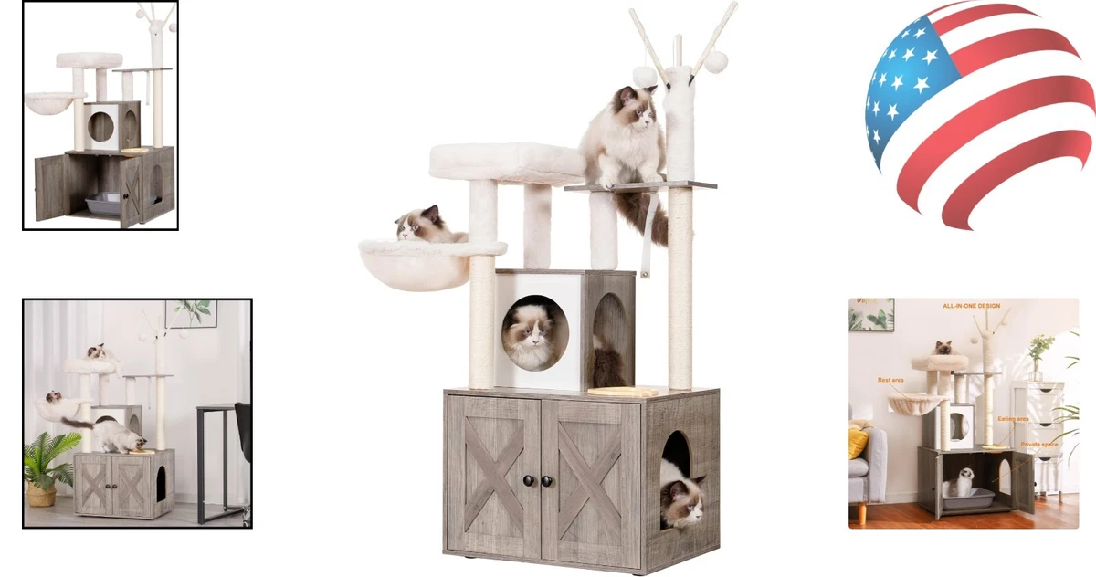 All in One Cat Tree Wood Litter Box Enclosure Food Station