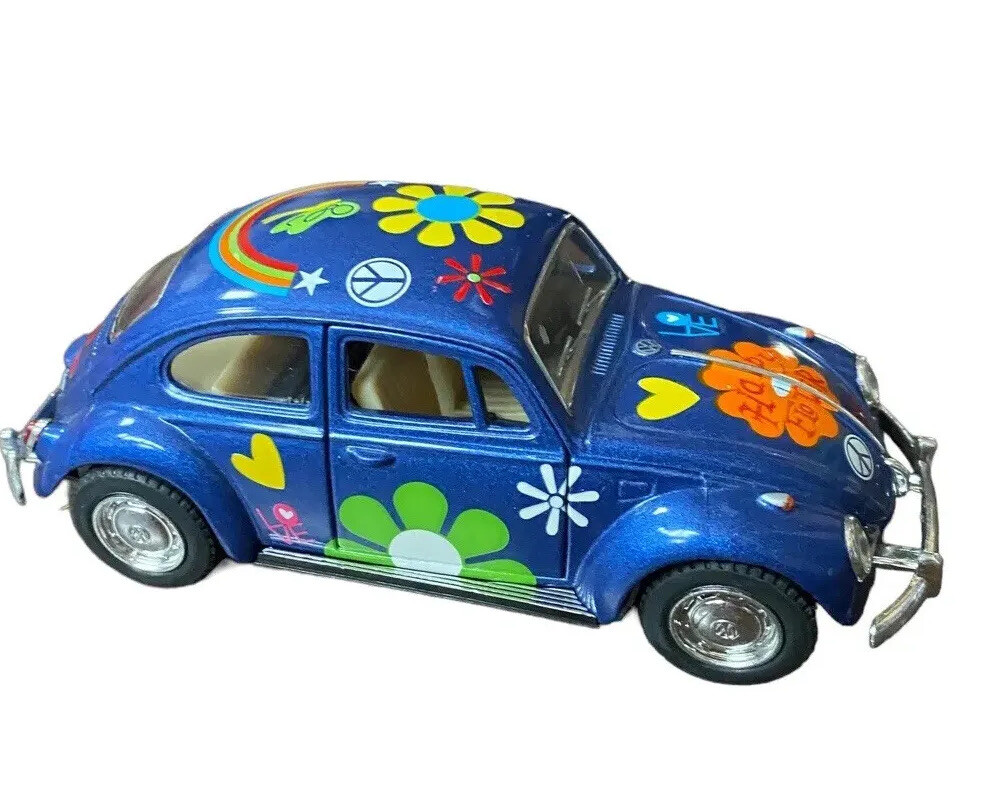 Kinsmart 1967 Volkswagen Beetle Car Flowers Blue VW Pullback
