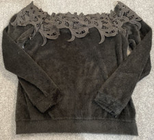 Cozy Sweater Womens Medium Black Off Shoulder Long Sleeve Tunic Floral Lace Neck