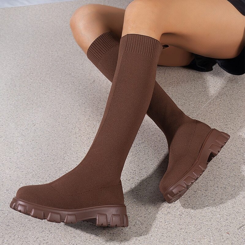 Knee High Boots Stretch Sock Boots Platform Knitted Slim High Heel