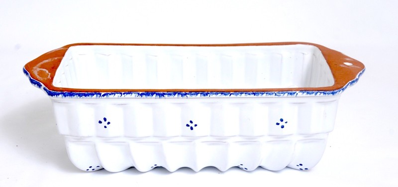 Terra Cotta Mold/Loaf Pan White Glazed Ribbed Handled Hand Painted 9X4