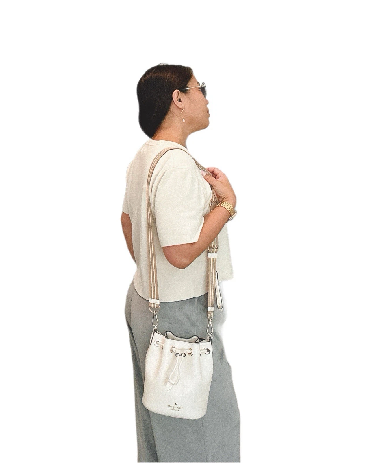 Kate Spade Rosie mini borsa a secchiello borsa in pelle bianca avorio con bambino (borsa portamonete)