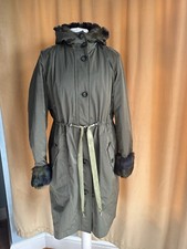 Hugo Boss Winter Quilted Hooded Khaki Coat With Waist Tie Faux Fur Oversized 8