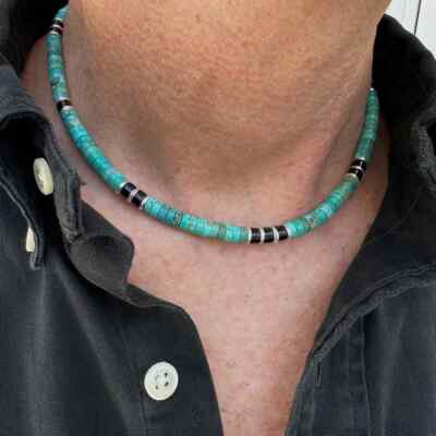 Men's Kingman Turquoise Heishi Necklace   Lightweight, Natural Blue-Green