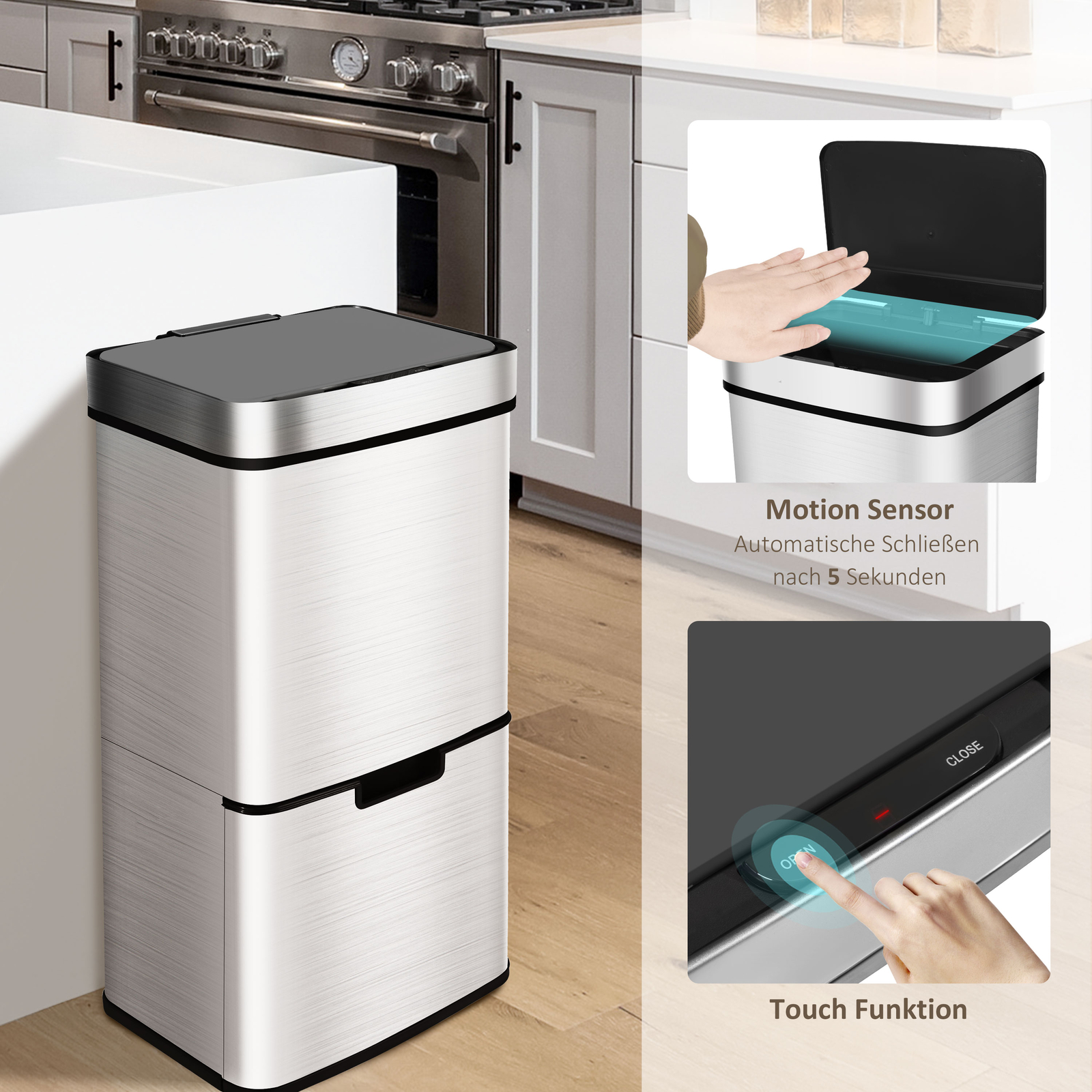 Ribelli 72L Mülleimer mit Sensor - Edelstahl, 4-Fach (500611  