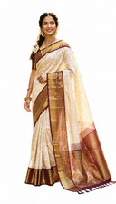Cream Tissue Silk Saree Gold Zari Border Traditional Indian Wedding Saree