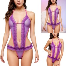 Women's Sheer Mesh Bodysuit Crossing Halter Backless Nightwear Party Date Night