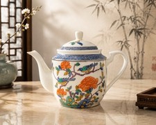 A.C.F. Japan 1970s Teapot Bird Peony Cantonese Style Porcelain, 3.5x8
